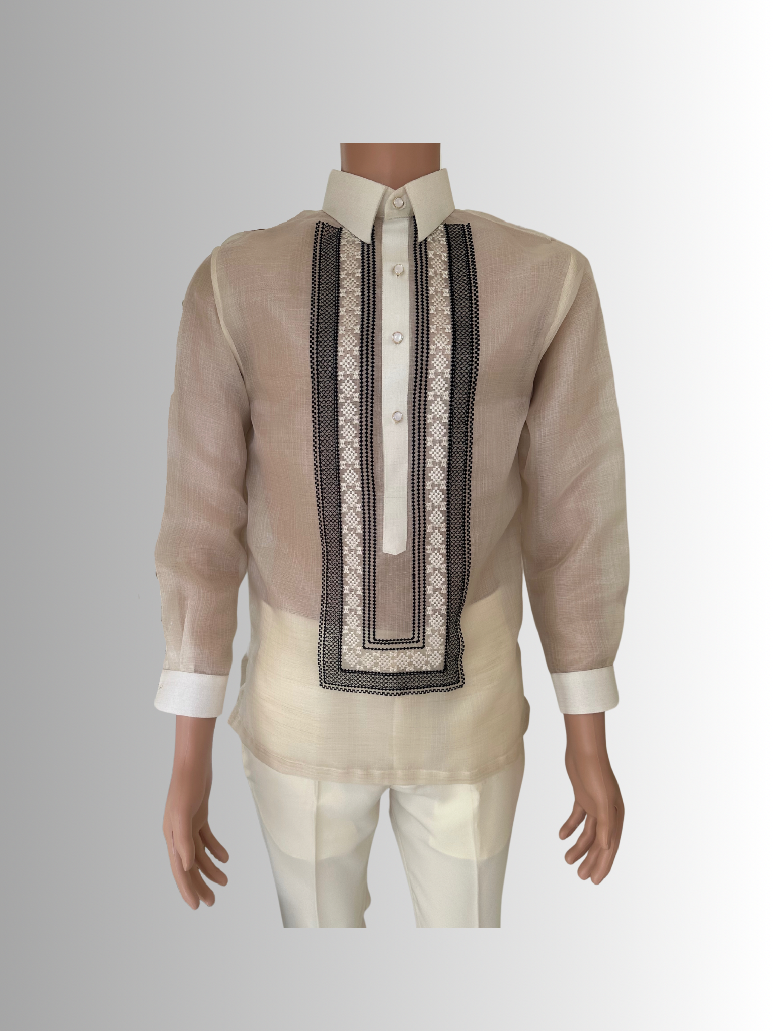 Barong Billy Piña Cocoon Sports Collar Black & White Embroidery