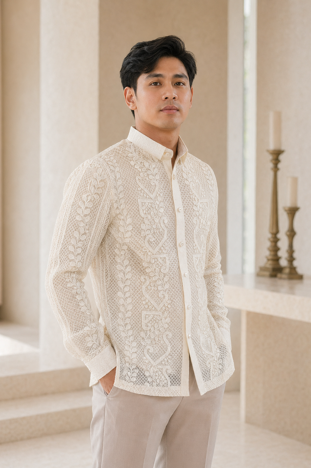 Hand Made Piña Silk All Over Callado Embroidery Ben