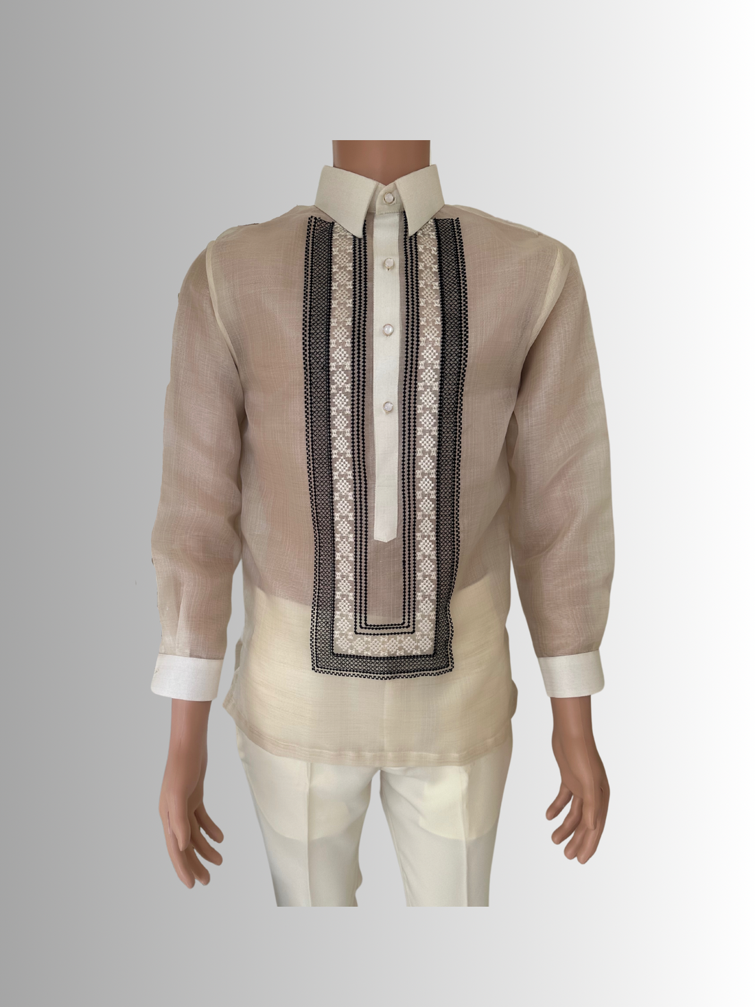 Barong Billy Piña Cocoon Sports Collar Black &amp; White Embroidery