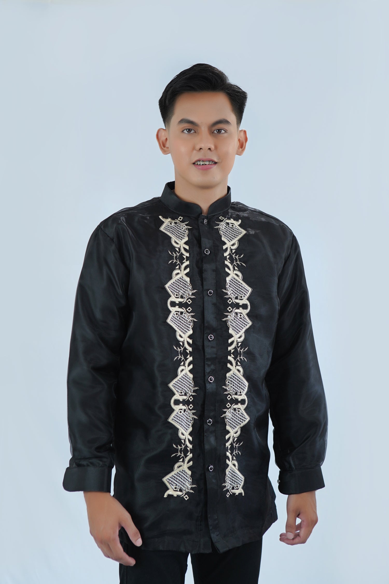 Barong Leonne Black Organza Chinese Collar